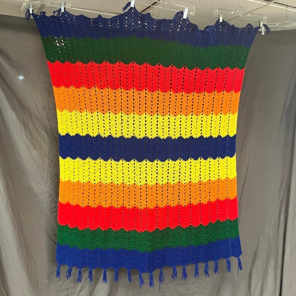 Vintage Handmade Crochet Knit Rainbow Afghan Blanket 42" x 56"